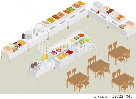 アイソメトリックなホテルの朝食ビュッフェのイメージ素材 127224040