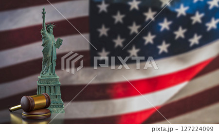The Statue of liberty and barbed wire on America flag 3d Rendering. The Statue of liberty and barbed wire on America flag 3d Rendering. 127224099