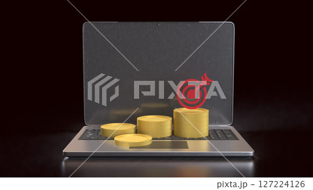 The Gold coins and red target on laptop for Business concept 3d Rendering. The Gold coins and red target on laptop for Business concept 3d Rendering. 127224126