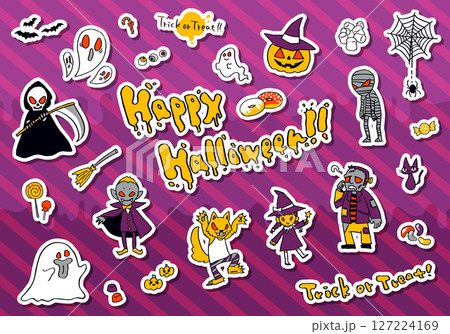 ポップで個性的なハロウィン手描きイラスト素材セット(ステッカー風) 127224169