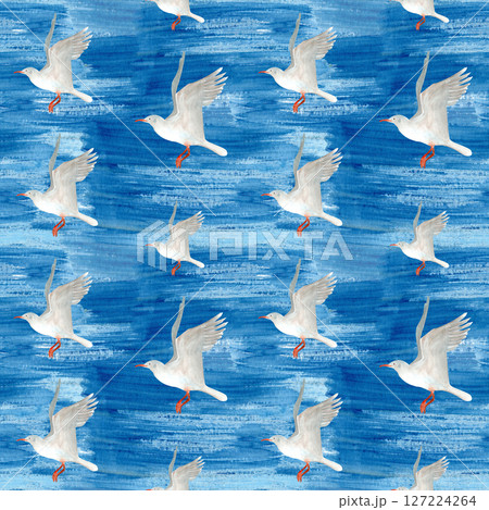 Flying seagull watercolor seamless pattern on blue background. High quality hand-drawn clip art for cards, stationary, scrapbooking, wrapping paper, sea tourism products, dishes, textile decor design Flying seagull watercolor seamless pattern on blue background. High quality hand-drawn clip art for cards, stationary, scrapbooking, wrapping paper, sea tourism products, dishes, textile decor design 127224264