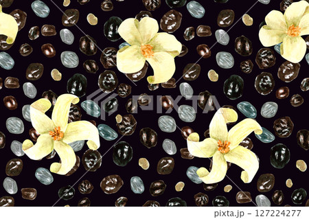 Papaya seeds and flowers watercolor seamless pattern on black. Hand-painted fruit clip art perfect for culinary designs, textile, wrapping paper, prints, cards, packages, scrapbooking. Textured 127224277