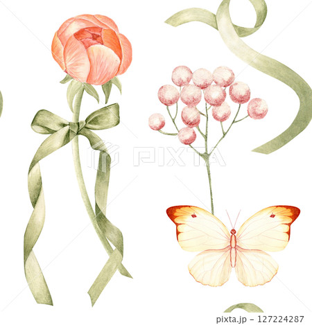 Peonies, butterfly, pink berry, green ribbon watercolor romantic seamless pattern on white. Hand-painted in pastel colors. Ideal wedding, stationery, branding, textiles, packaging feminine design 127224287