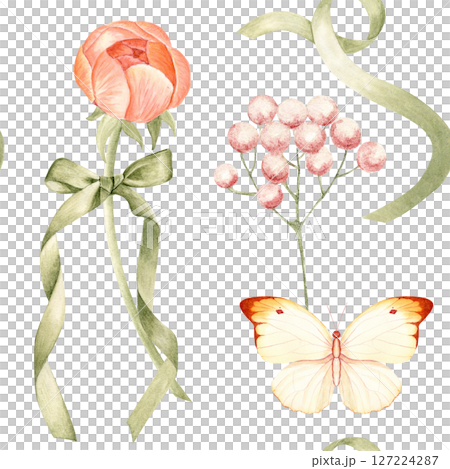 Peonies, butterfly, pink berry, green ribbon watercolor romantic seamless pattern on white. Hand-painted in pastel colors. Ideal wedding, stationery, branding, textiles, packaging feminine design 127224287