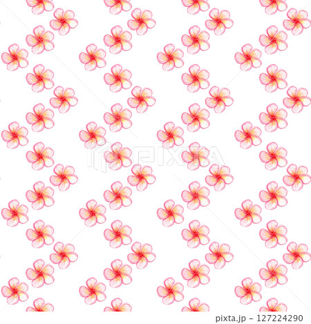 Pink plumeria flower seamless pattern. Hand painted watercolor illustration on white. Ideal for spa branding, tropical packaging, summer wedding decor, textile design, greeting cards. Vertical 127224290