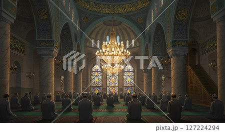 Interior of a Mosque During Communal Prayer with Stained-Glass Windows 127224294