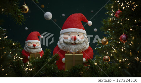 Festive Santa Figures Among Christmas Trees With Cheerful Decorations 127224310