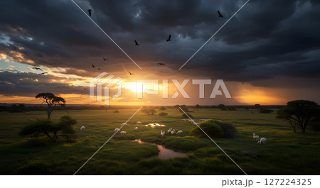 Sunlit Landscape with Sheep Grazing Under Dramatic Sky and Clouds 127224325