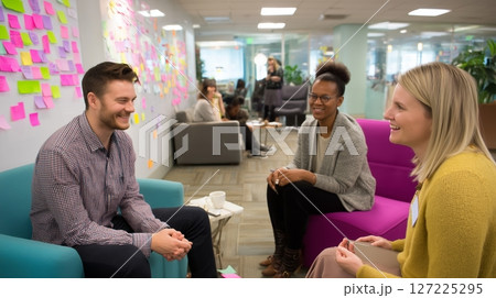 Group engages in collaborative brainstorming session at a modern office space 127225295