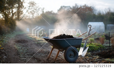 Wheelbarrow filled with soil in a misty garden during early morning hours, showcasing nature's tranquility 127225319