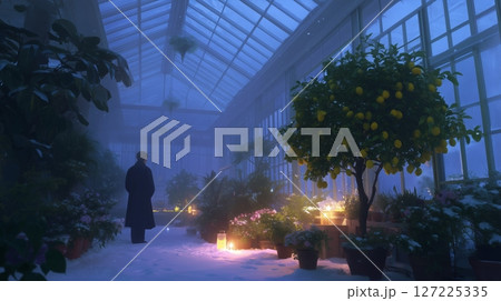 Silent winter evening in a greenhouse filled with plants illuminated by gentle candlelight 127225335