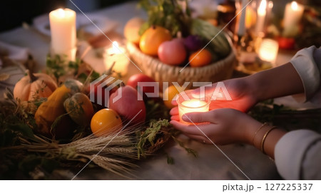 Warm candlelight enhances a cozy gathering featuring seasonal fruits and decor in an intimate setting during autumn evenings 127225337