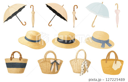 夏のファッション小物セット｜日傘・麦わら帽子・かごバッグのイラスト 127225489