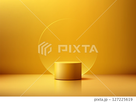 sleek yellow podium stand for product display mockup on golden background 3d cylindrical elegant presentation stage showcase 127225619