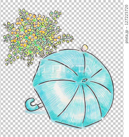 Illustration of a light blue umbrella, butterflies and yellow flowers 127225720