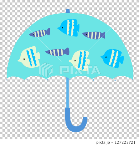 Blue umbrella with colorful fish pattern 127225721