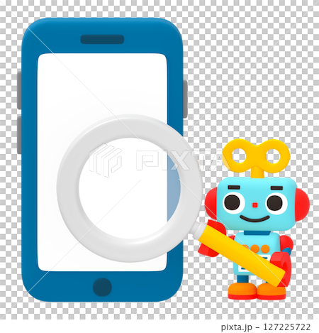 A cute robot with a magnifying glass and a smartphone A cute robot with a magnifying glass and a smartphone 127225722
