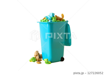 Colorful paper waste in recycling bin, isolated on white 127226052