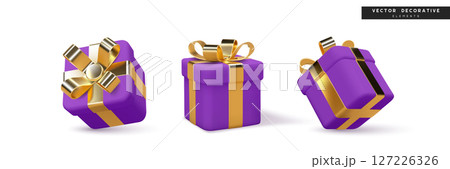 3D vector illustration of glossy purple gift boxes with shiny golden ribbons and bows. Perfect for holiday, birthday, celebration, and festive design projects. 127226326