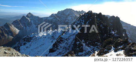 北穂高岳山頂から眺める初冬の雪化粧した穂高の山々と滝谷のワイドパノラマビュー,午後から日没・日暮れ時 北穂高岳山頂から眺める初冬の雪化粧した穂高の山々と滝谷のワイドパノラマビュー,午後から日没・日暮れ時 127226357