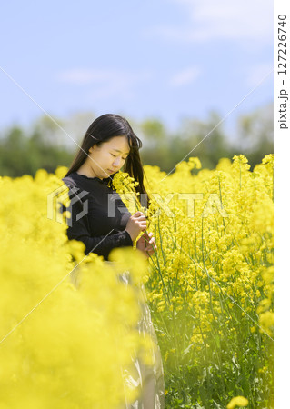 満開の菜の花畑を観光する女性 127226740