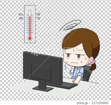Illustration of a woman who can't concentrate on work because of the heat Illustration of a woman who can't concentrate on work because of the heat 127226909