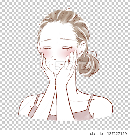 A beautiful woman with a sad expression, holding both hands on her cheeks A beautiful woman with a sad expression, holding both hands on her cheeks 127227139