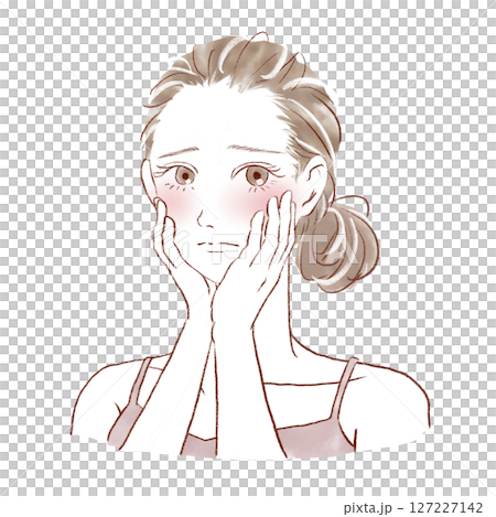 A beautiful woman with both hands on her cheeks looking at the camera with a sad expression 127227142