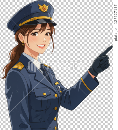 A smiling female station attendant pointing on a transparent background A smiling female station attendant pointing on a transparent background 127227157