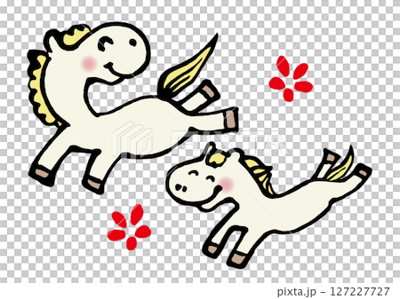 A hand-drawn illustration of two happy white horses that can be used for New Year's cards for the Year of the Horse 127227727