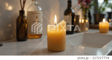 A glowing beeswax candle sitting on a smooth marble countertop, its flame flickering gently in the soft, dim light, casting 127227759