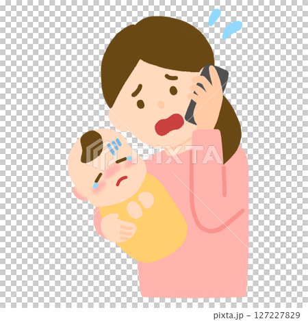 体調不良の赤ちゃんに困って電話するお母さん 体調不良の赤ちゃんに困って電話するお母さん 127227829