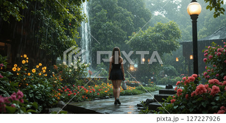 Rain Waterfall Garden Woman Walking in Peaceful Rainy Garden with Flowers 127227926