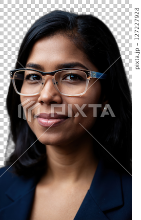 A South Asian female leader with medium-length hair and rectangular glasses, her serene expression illuminated by glowing lines, symbolizing clarity 127227928