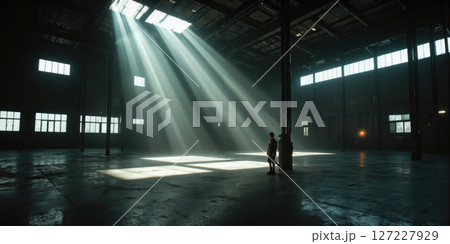 Dramatic Skylight Factory Abandoned industrial space with massive overhead skylights creating theatrical light beams cutting through darkness, illuminating textured concrete 127227929