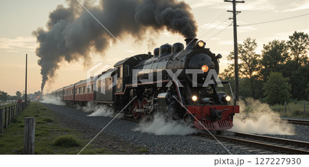 A vintage steam train chugging through a scenic countryside landscape, smoke billowing from its chimney, evoking a sense of nostalgia and the romance 127227930