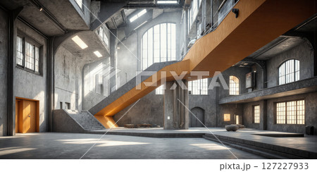 Future Archaeological Site Industrial hall deliberately designed as meaningful artifact for future discovery with architectural elements encoding current knowledge and 127227933