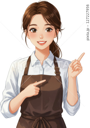 透明背景の指差す笑顔のエプロン姿の女性 127227956