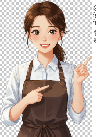 透明背景の指差す笑顔のエプロン姿の女性 127227956