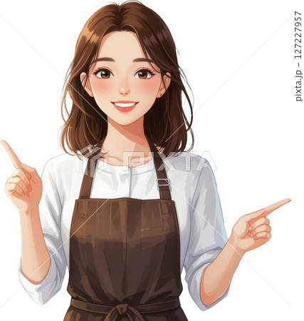 透明背景の指差す笑顔のエプロン姿の女性 127227957