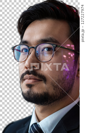 An Asian man with a neat beard and slim glasses, his focused, thoughtful expression framed by digital patterns, representing clarity An Asian man with a neat beard and slim glasses, his focused, thoughtful expression framed by digital patterns, representing clarity 127227974