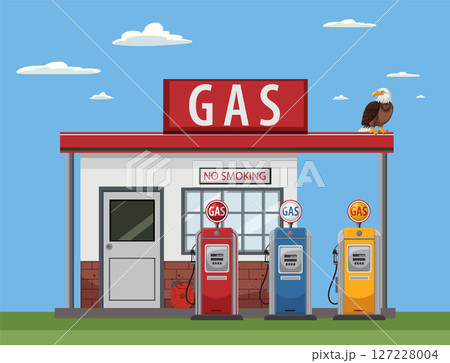 Vintage Gas Station with Colorful Pumps and Eagle 127228004