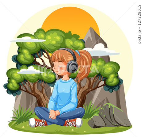 Girl Meditating Peacefully in Nature Scene 127228015