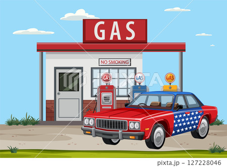 Retro Gas Station with Classic American Car Retro Gas Station with Classic American Car 127228046