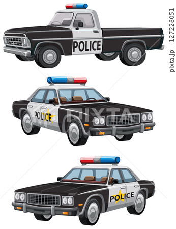 Retro Police Vehicles Vector Illustration Set 127228051