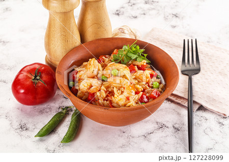 Italian pasta orzo with prawn Italian pasta orzo with prawn 127228099