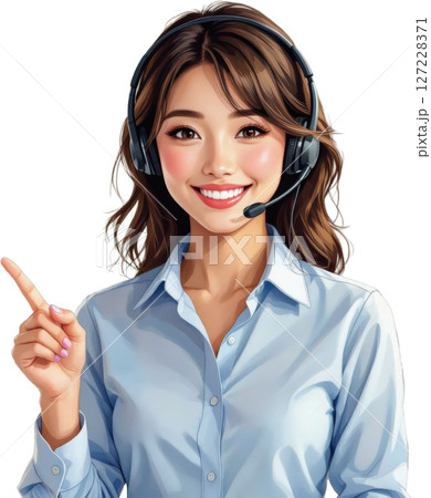 笑顔のコールセンター女性 オペレーター 指差し ヘッドセット 透明背景 127228371