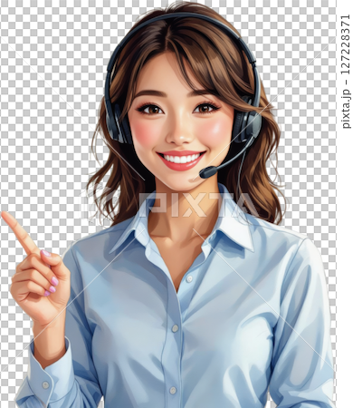 笑顔のコールセンター女性 オペレーター 指差し ヘッドセット 透明背景 127228371