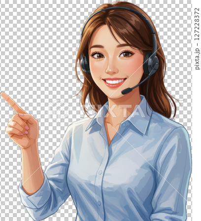 Smiling call center female operator pointing headset transparent background 127228372