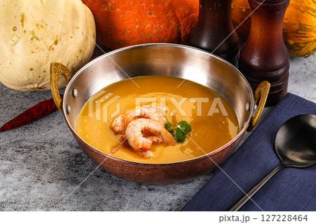 Pumpkin cream soup with prawns Pumpkin cream soup with prawns 127228464